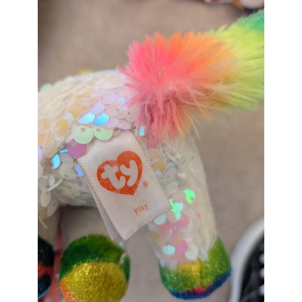 Ty Beanie Boos Tabitha Cat and Pixy Sequin Unicorn Plush Lot 6 inch Glitter Eyes
